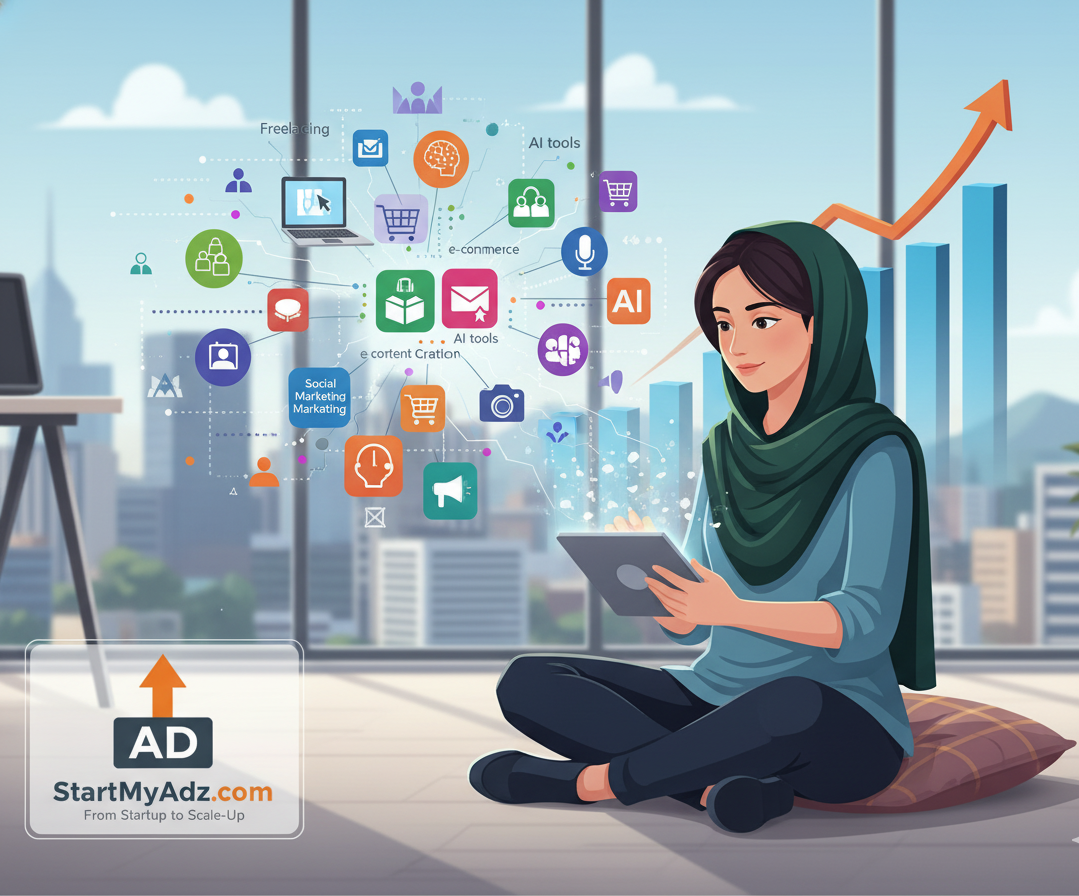 Beginner entrepreneur in dubai working for digital marketing-commerce, and AI icons representing the best online business for beginners in 2026