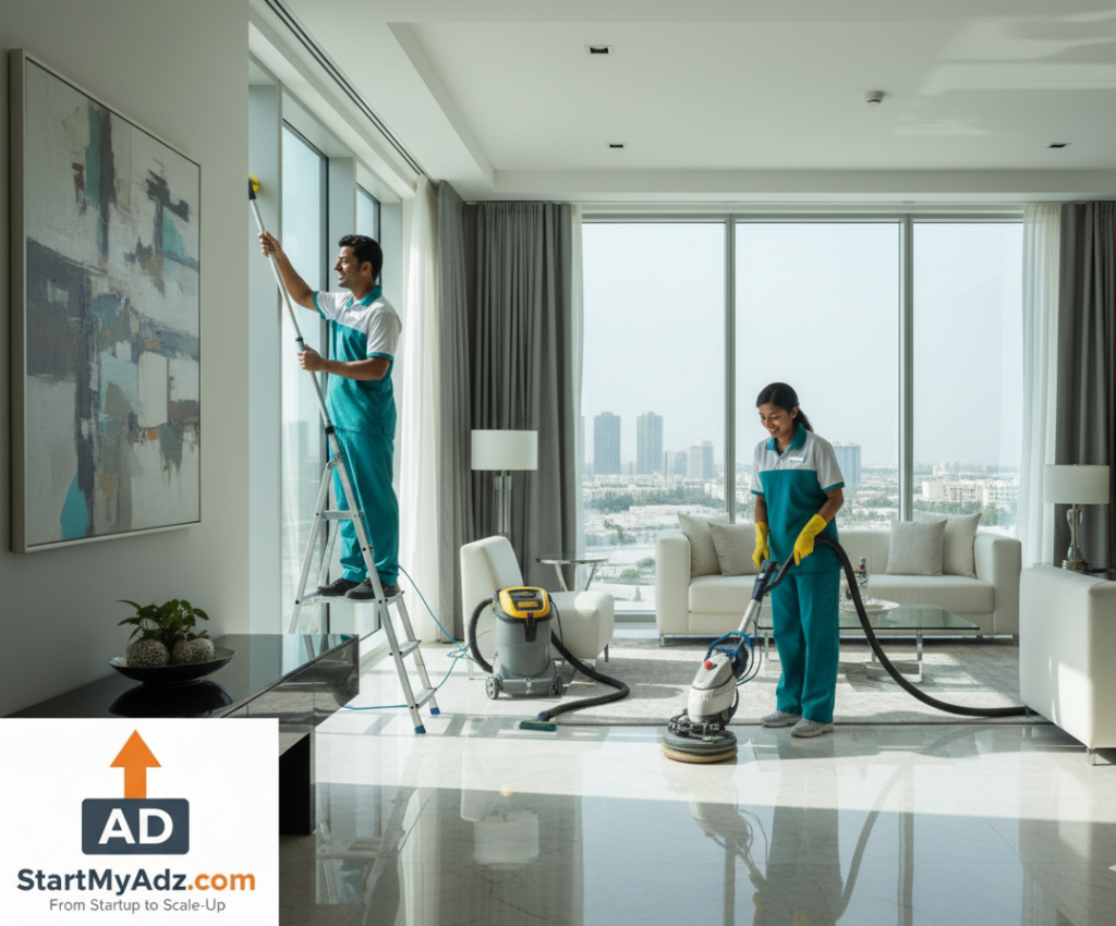 hifi cleaning services abu dhabi -Professional cleaning team performing deep cleaning in a modern luxury home in Abu Dhabi, using advanced cleaning equipment for sparkling floors and windows.