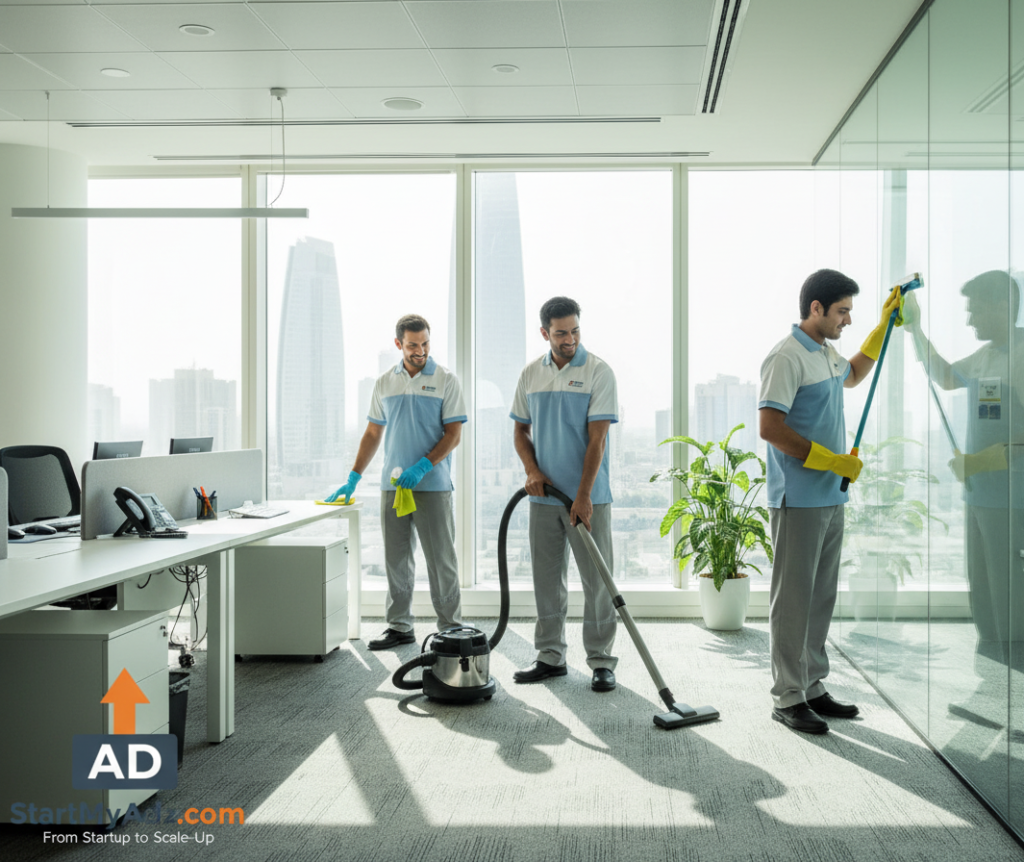: HiFi Cleaning Services staff cleaning a contemporary Abu Dhabi office, sanitizing desks and vacuuming floors, showcasing professional office cleaning services.