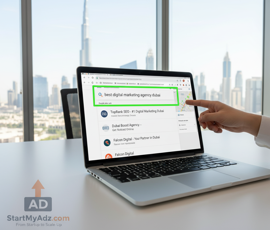 Dubai office with laptop showing Google search results, highlighting Google Top Ranking websites for small businesses