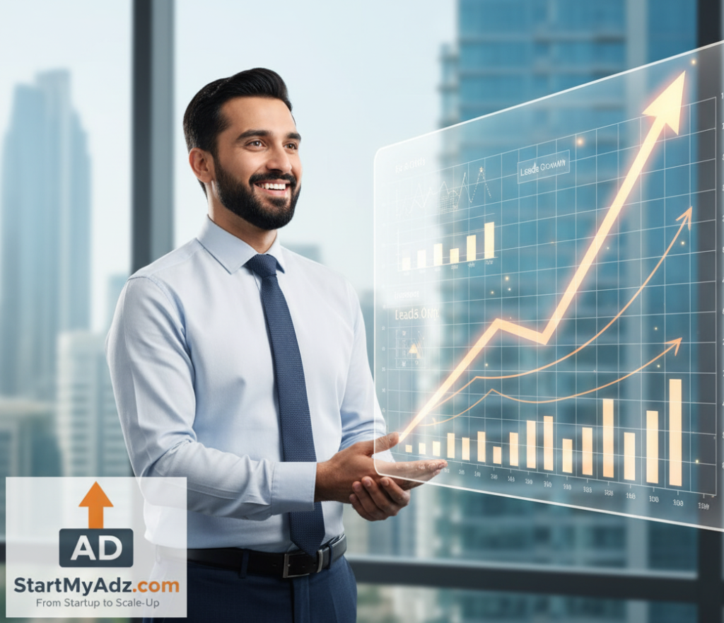 Google Top Ranking ,Happy small business owner with rising graph behind, symbolizing increased leads and business growth in Dubai”