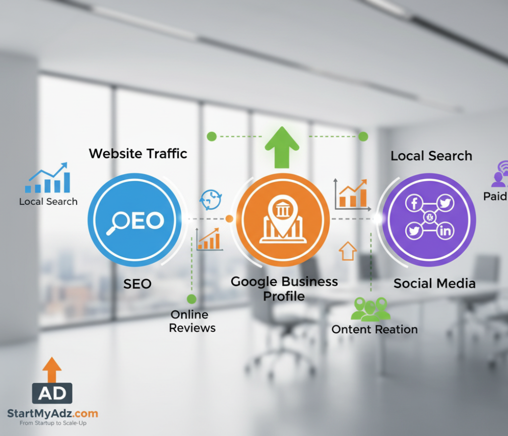 Google Top rank ,Infographic showing SEO, Google Business Profile, and social media icons connected, representing digital marketing strategies
