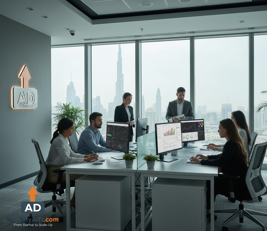 Dubai digital marketing agency team collaborating on SEO, social media, and PPC campaigns for brand growth.