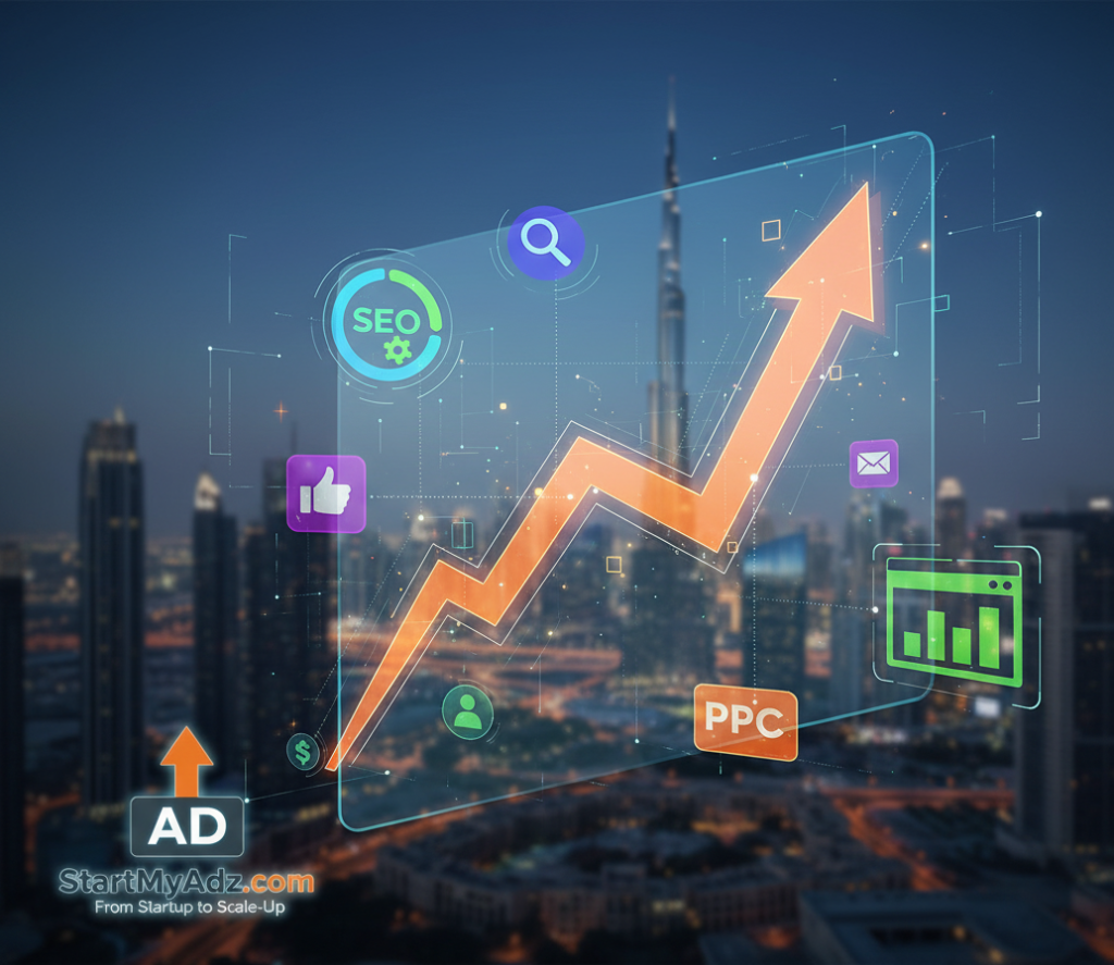 Visualization of digital marketing Agency success with SEO, PPC, social media, and analytics icons over Dubai skyline.