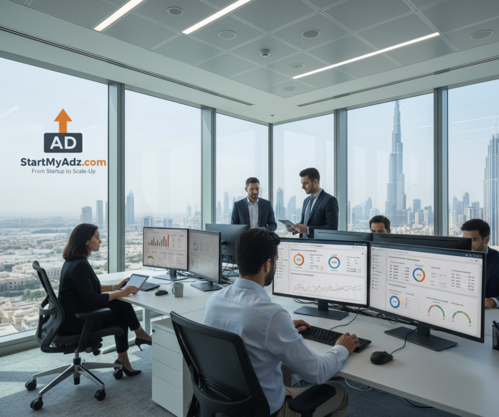 Best Digital Marketing Agency in Dubaiteam working in a modern office with Dubai skyline, representing top 10 full-service digital marketing agencies in Dubai