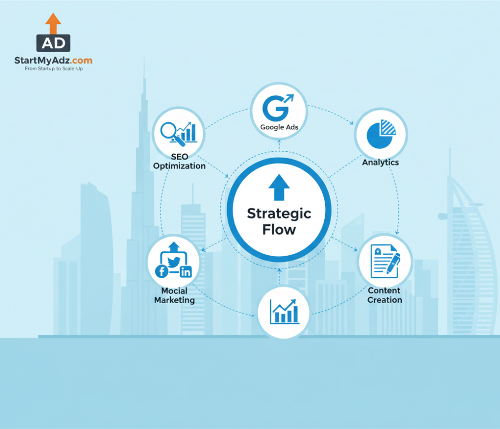 Illustration showing SEO, Google Ads, social media marketing, and content services offered by top 10 full-service digital marketing agencies in Dubai