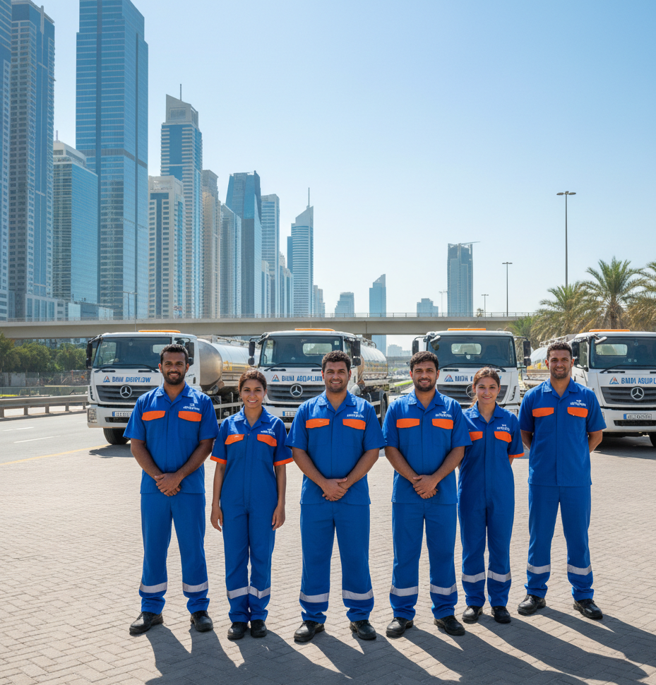 Water tanker truck delivering clean water in a Dubai neighborhood with customer interaction, showcasing water tanker business in Dubai”