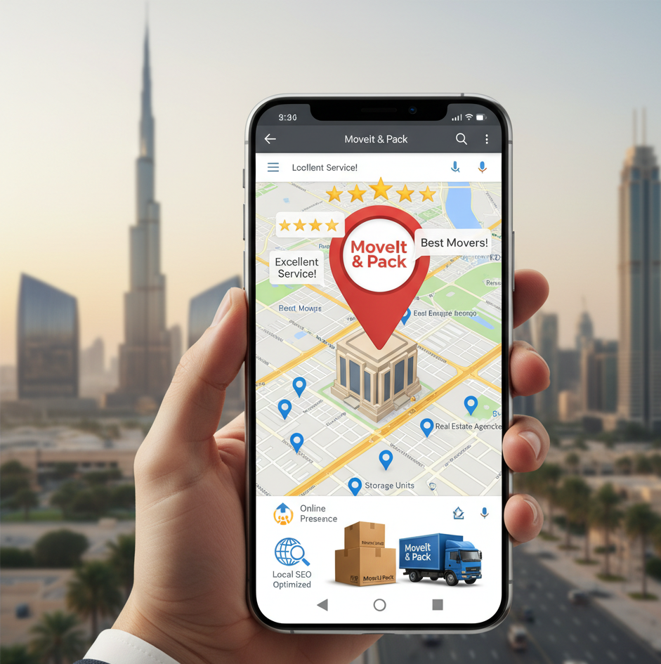 Local SEO and Google Maps optimization for moving and packing companies in Dubai with location pins and customer reviews