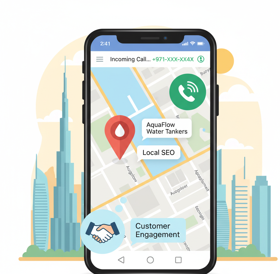 Team of water tanker workers standing in front of a fleet of branded water trucks in Dubai, demonstrating reliable water delivery services”