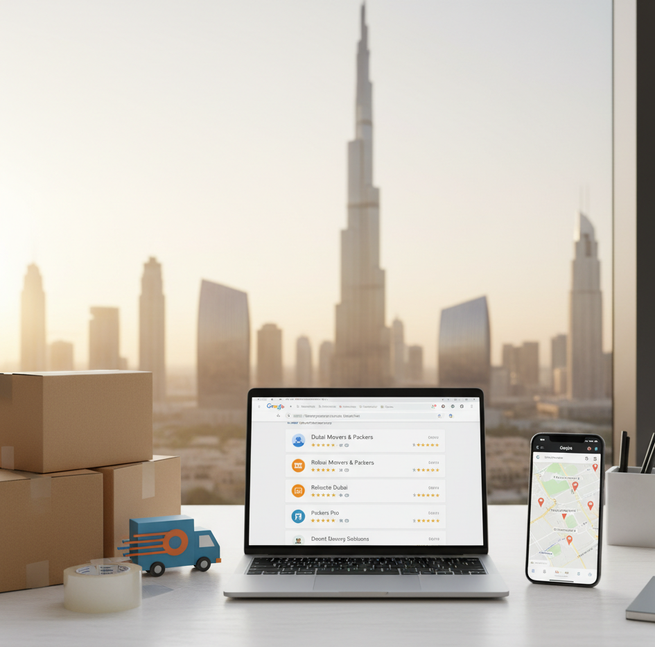 Digital marketing strategy for moving and packing companies in Dubai showing online search, website optimization, and Dubai skyline