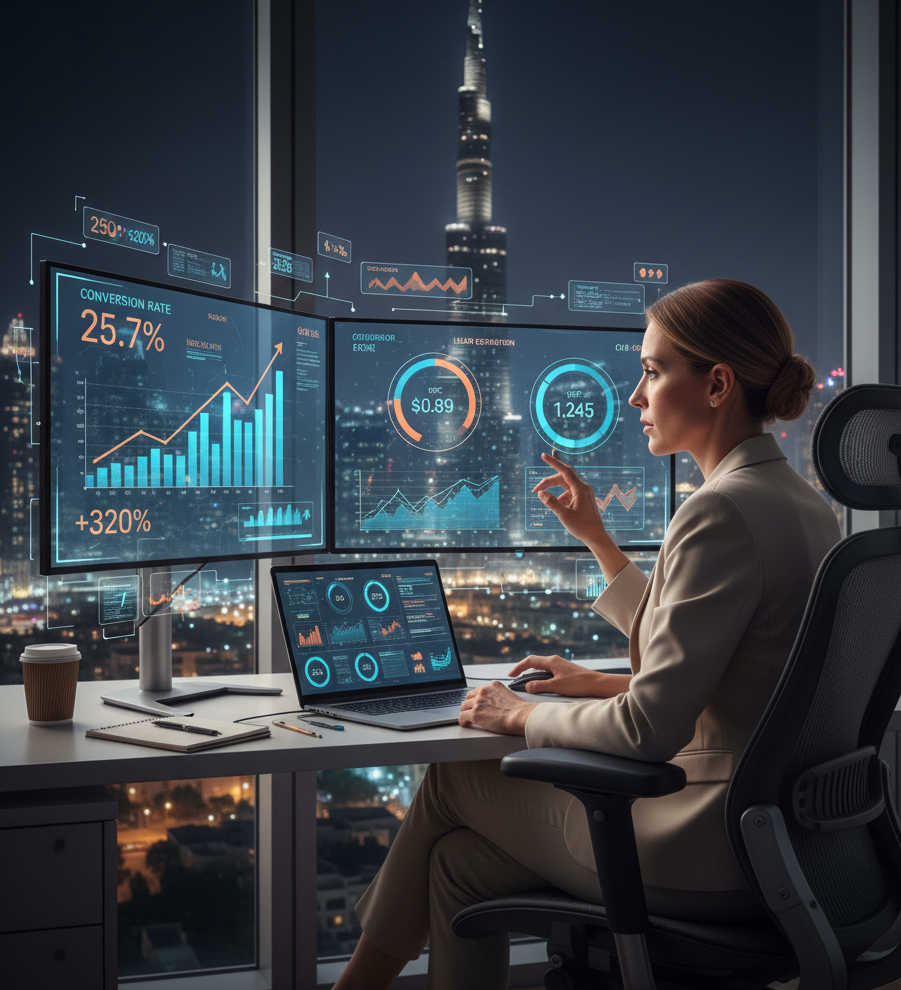Data-driven digital marketing strategy by Strat My Adz showing ROI analytics and conversion optimization for Dubai businesses