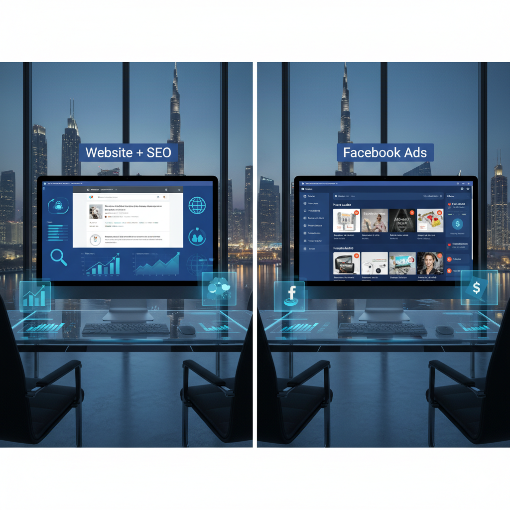 Website + SEO vs Facebook Ads comparison for service businesses in Dubai showing digital marketing strategies