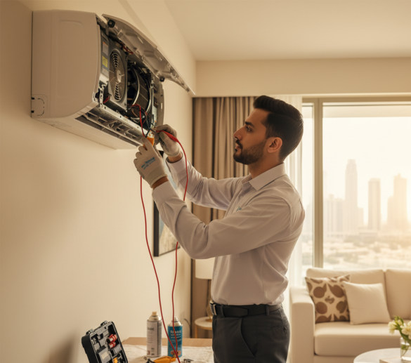 "Dubai AC repair technician pointing at a smartphone showing Google Maps listing with reviews and call buttons, Dubai city skyline in background, illustrating local SEO and Google Maps marketing for AC services."