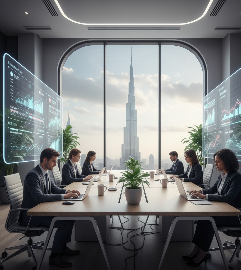 Marketing agency for small businesses Dubai team working on SEO analytics and digital marketing strategies in a modern Dubai office