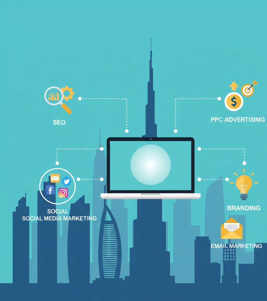 Small business owner using digital marketing tools with growth charts provided by a marketing agency for small businesses Dubai