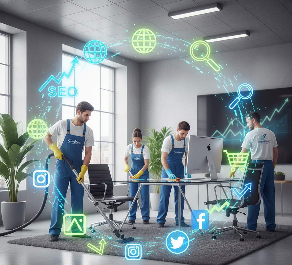 “Cleaning team working in an office with digital marketing icons representing online promotion for cleaning companies.”
