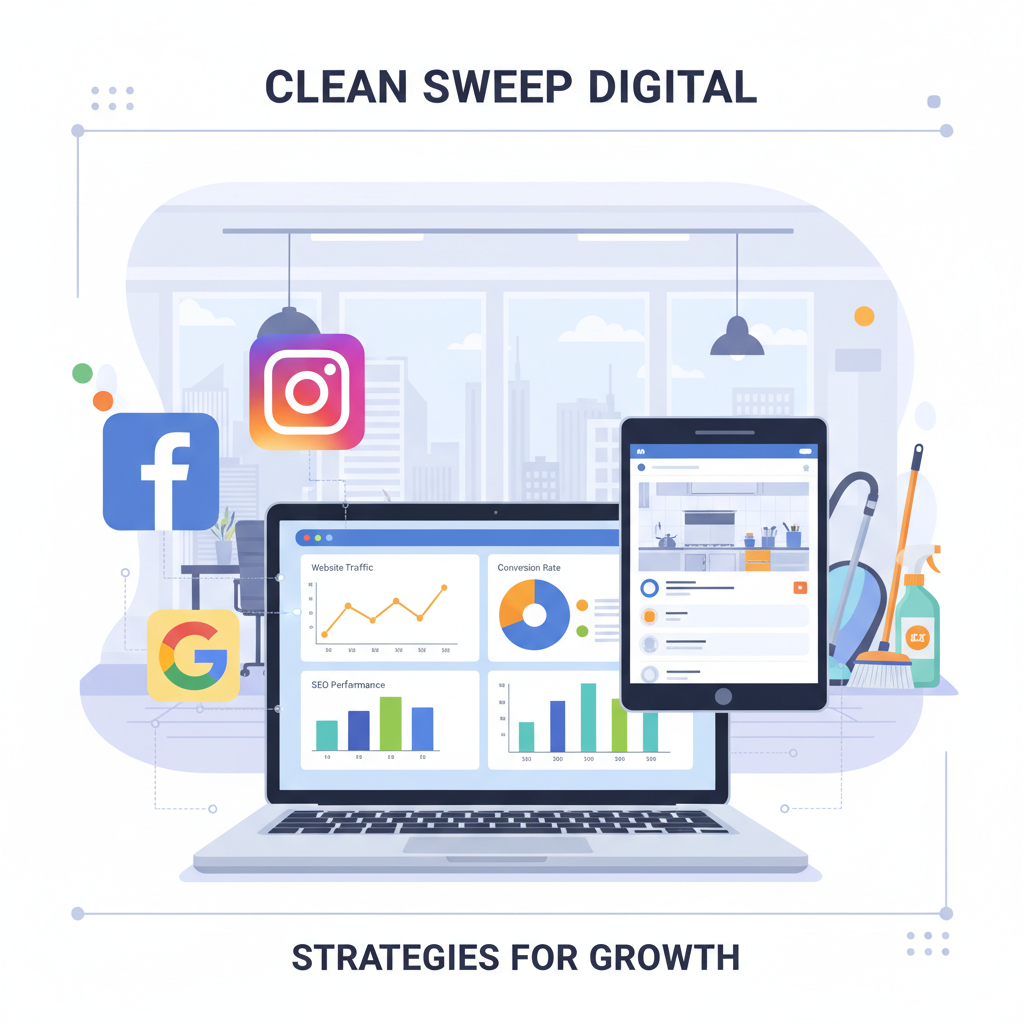 “Digital marketing strategies for a cleaning company showing laptop with analytics, social media icons, and cleaning equipment.”