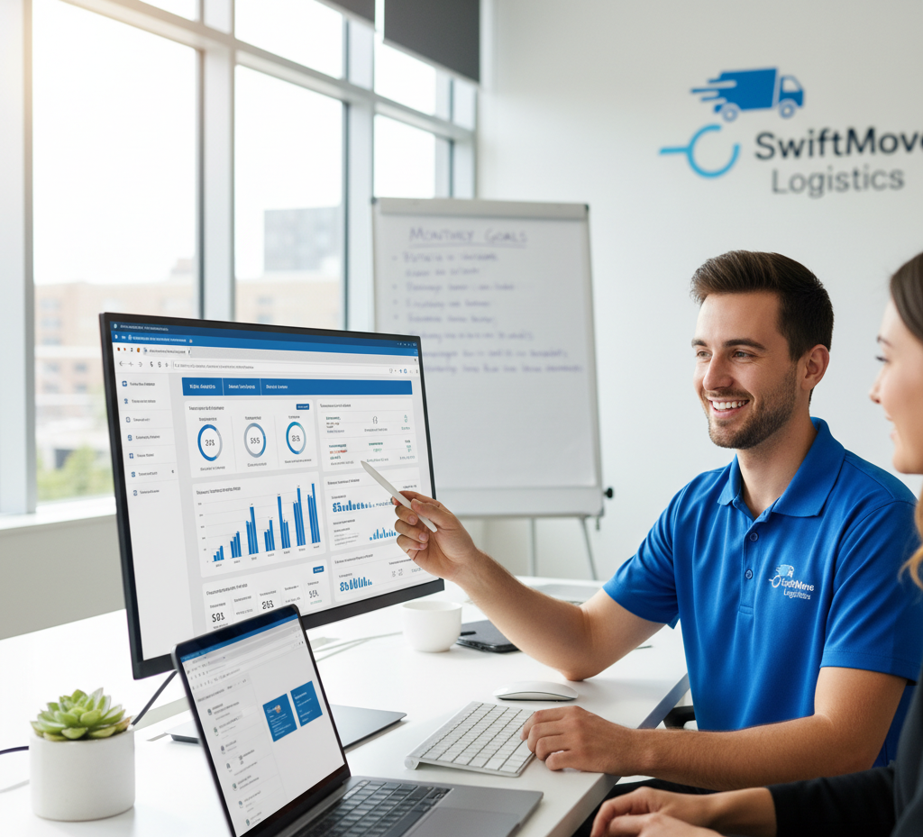 Moving company lead generation dashboard showing online booking forms and customer inquiries on a laptop screen for Company Name in Place Name
