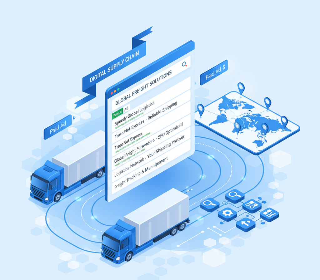 Transport company online marketing dashboard showing SEO analytics, website traffic growth, and logistics business digital strategy