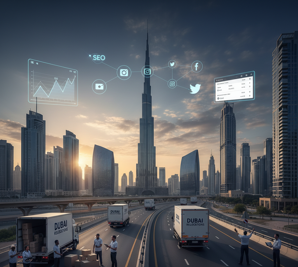 Relocation service marketing Dubai showing digital advertising strategy with moving trucks and Dubai skyline background