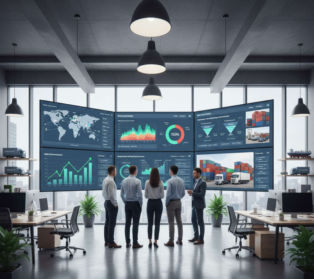 Logistics service digital marketing team analyzing SEO performance and online advertising strategy for Company Name in Place Name on modern business dashboard.