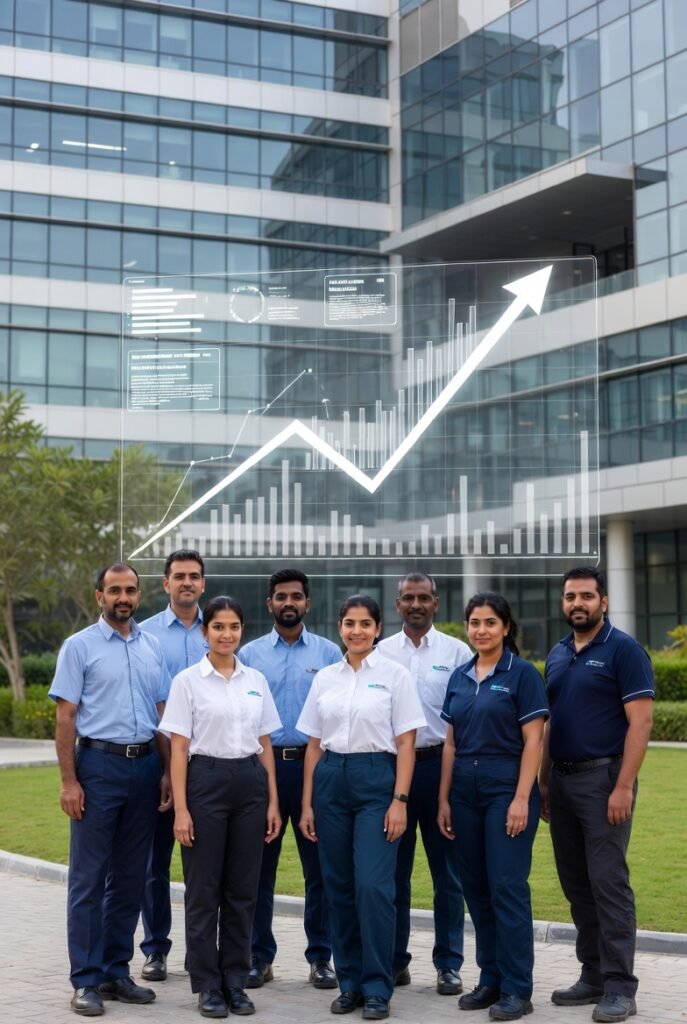 SEO for cleaning services Dubai growth concept with professional cleaning team, website optimization analytics, and business performance chart