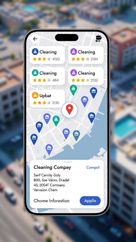 Local SEO for cleaning services Dubai displaying Google Maps locations, customer reviews, and cleaning business listings on mobile screen