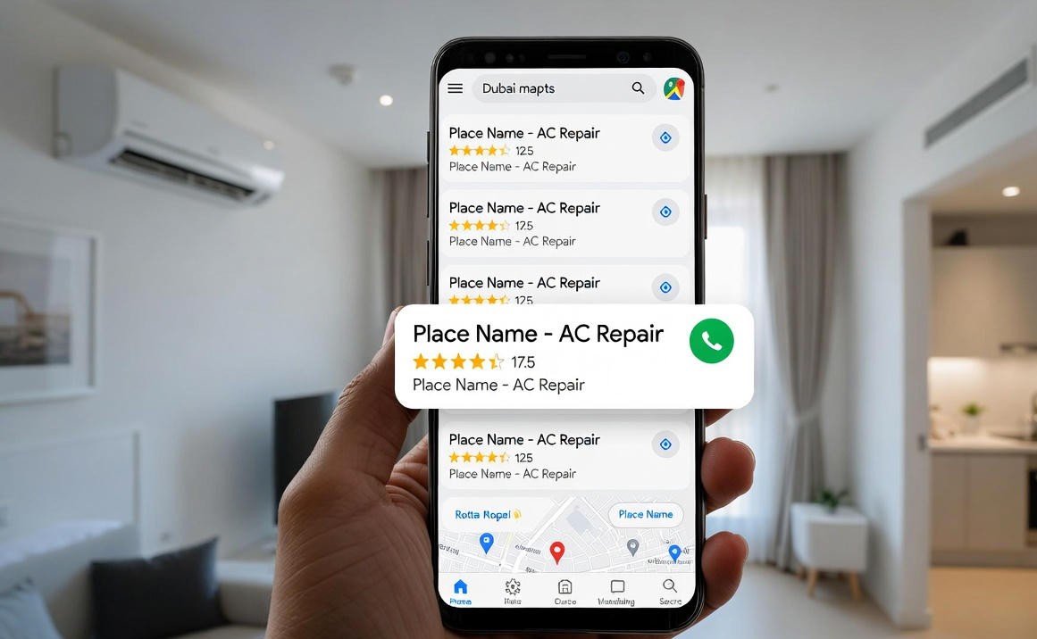 Dubai AC Repair Companies technician inspecting outdoor AC unit while managing customer calls through Google Maps