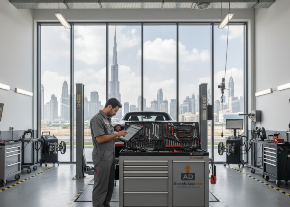 Best car repair Dubai service center with professional mechanic inspecting luxury vehicle using advanced diagnostic tools