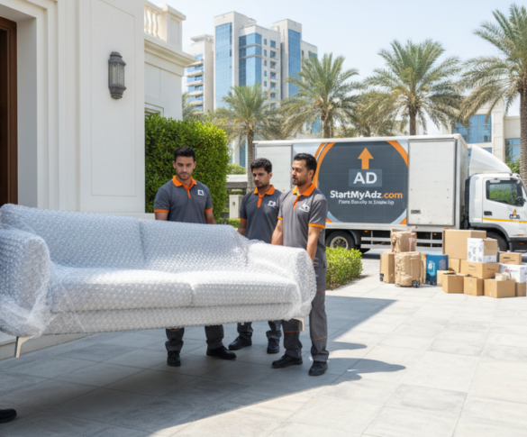 Professional furniture movers in Dubai carrying a sofa from a luxury villa into a moving truck.
