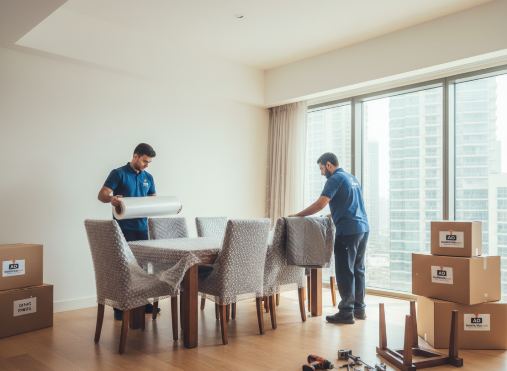 Furniture movers in Dubai carefully wrapping wooden furniture with bubble wrap inside a modern apartment.