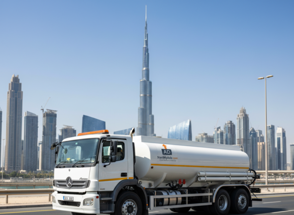 Best Water Tanker Services in Dubai truck delivering clean water with modern Dubai skyline in background