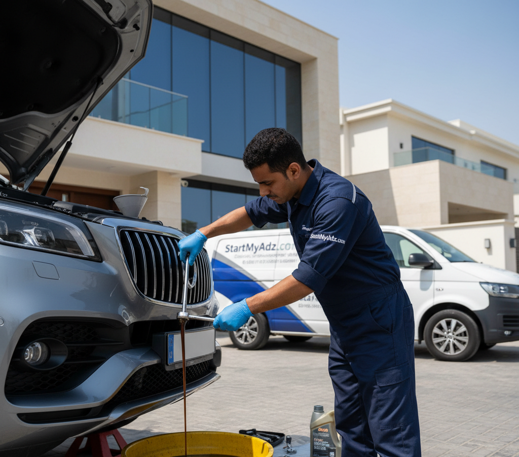 Technician providing car oil change during car service at home Dubai outside modern villa with fully equipped mobile repair van.