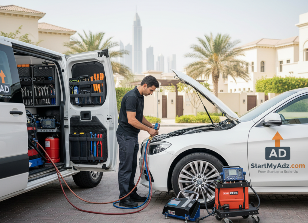 Expert mechanic repairing car AC system during car service at home Dubai at customer doorstep with diagnostic tools and service van.
