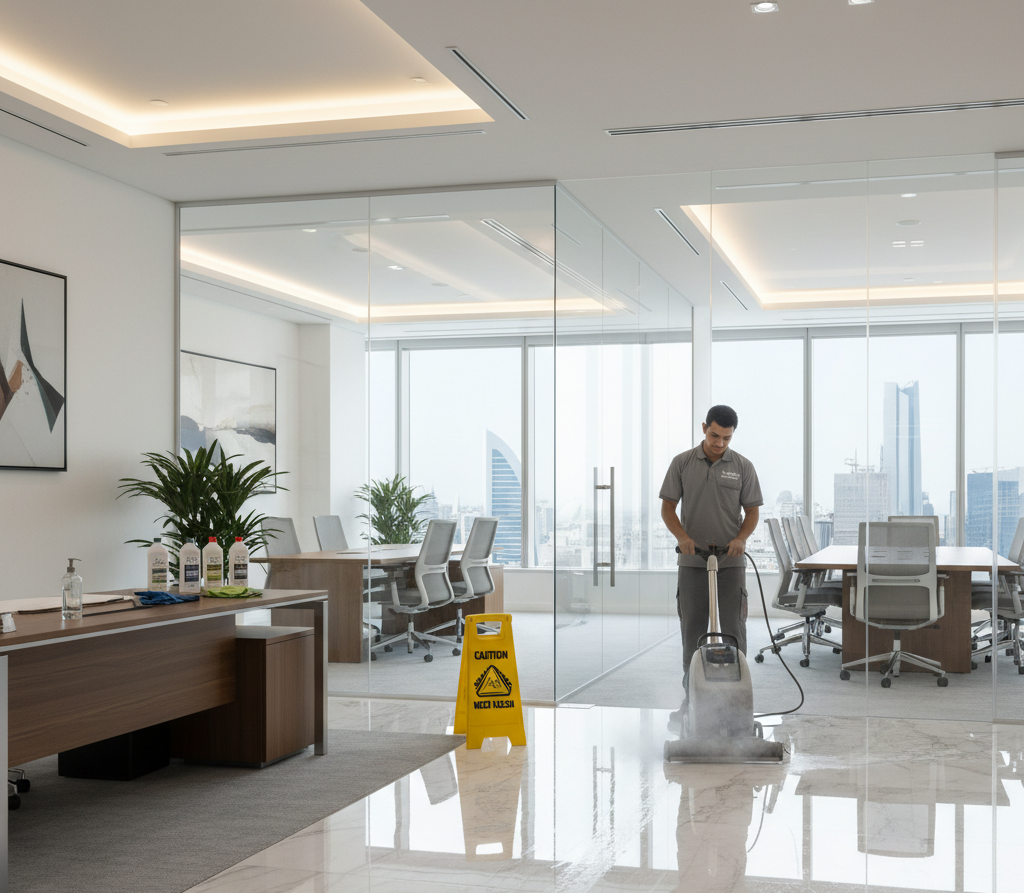 Expert team performing deep Office Cleaning Services Abu Dhabi using floor polishing machine and advanced sanitization equipment in a contemporary office.