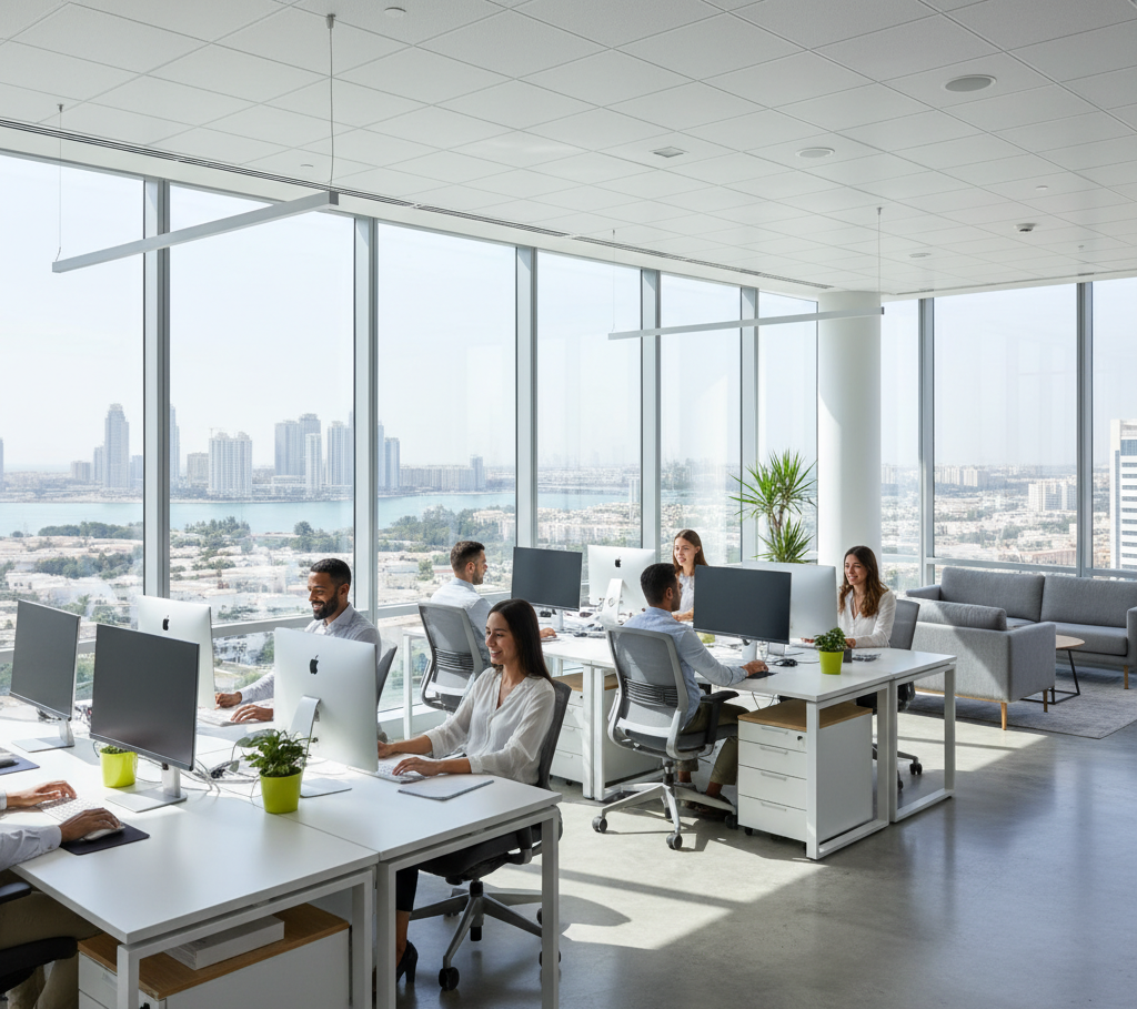 Spotless workplace after Office Cleaning Services Abu Dhabi, showing happy employees working in a clean, bright, and organized corporate office environment.