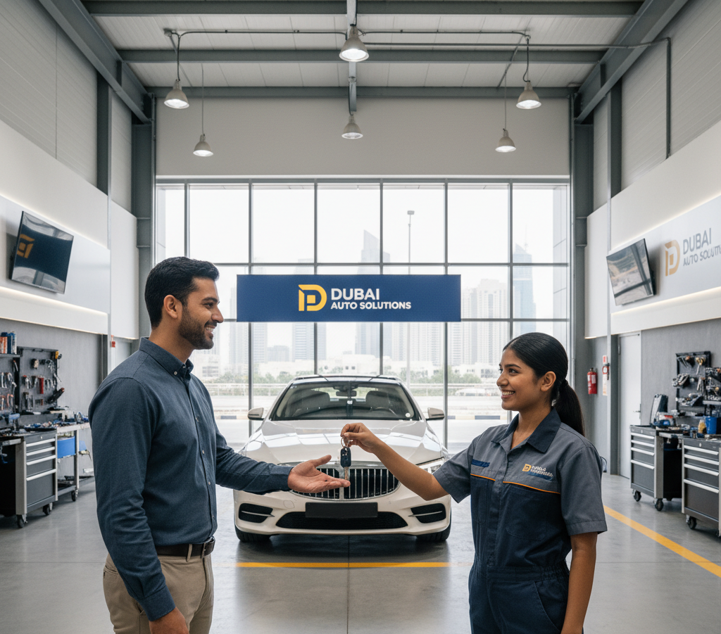 Technician performing engine diagnostics at Best Car Repair Dubai center using digital scanning tools inside a professional auto garage.