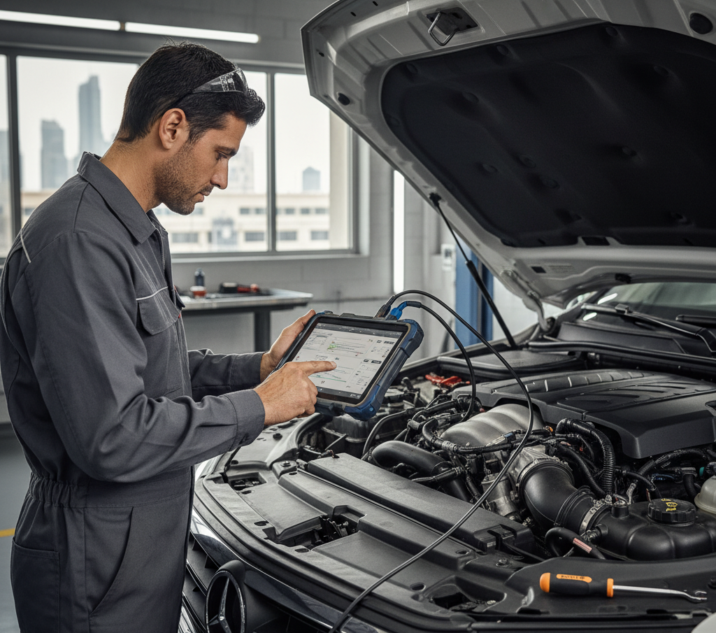 Happy customer receiving car keys after service at Best Car Repair Dubai workshop with clean, fully repaired vehicle in background.