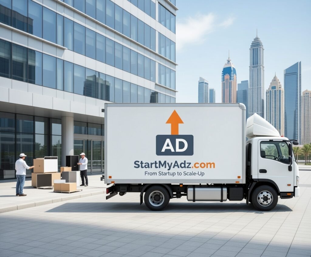 "Office movers arranging furniture and equipment in a new Dubai office while employees organize their workspace."