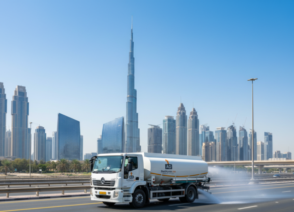 Water tanker truck delivering clean water in Dubai with modern skyline in the background, representing the Best water tanker services in Dubai.