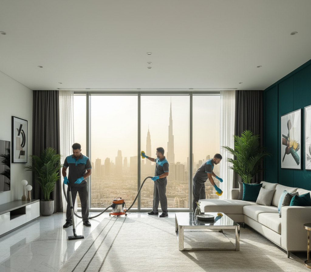 Best professional cleaning services in Dubai staff sanitizing and cleaning a corporate office workspace